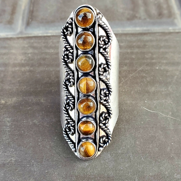 New 7 Stone Tiger Eye Adjustable Silver Statement Ring. - Picture 6 of 15
